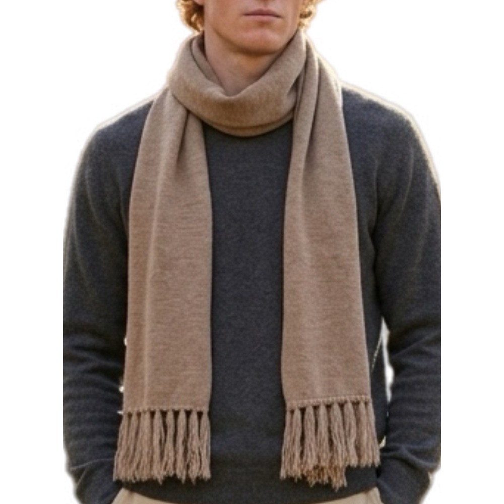 Mens Tan Brown Knit Fringe Scarf Solid Neutral Winter Accessory Long Soft‎ Wrap